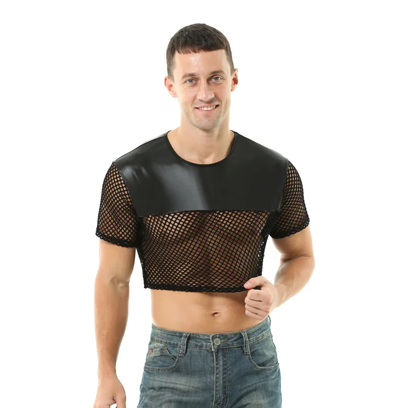 Sexy Men PU Leather Mesh Tops See Through Cropped T-shirts Male Transparent Fishnet Tee Short Sleeve Shirts Night Clubwear S-XL