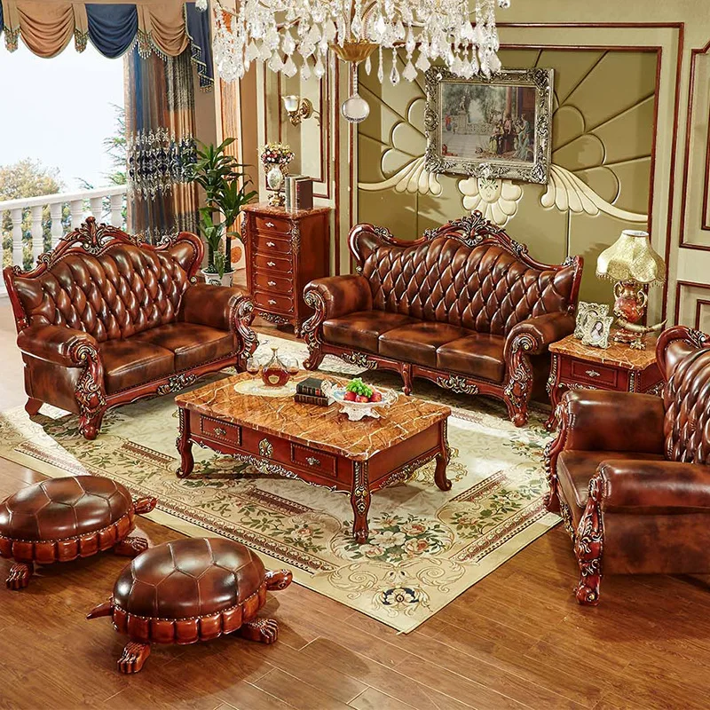 Y11 European leather sofa combination solid wood double-sided carved living room American high-end first-layer cowhide furniture