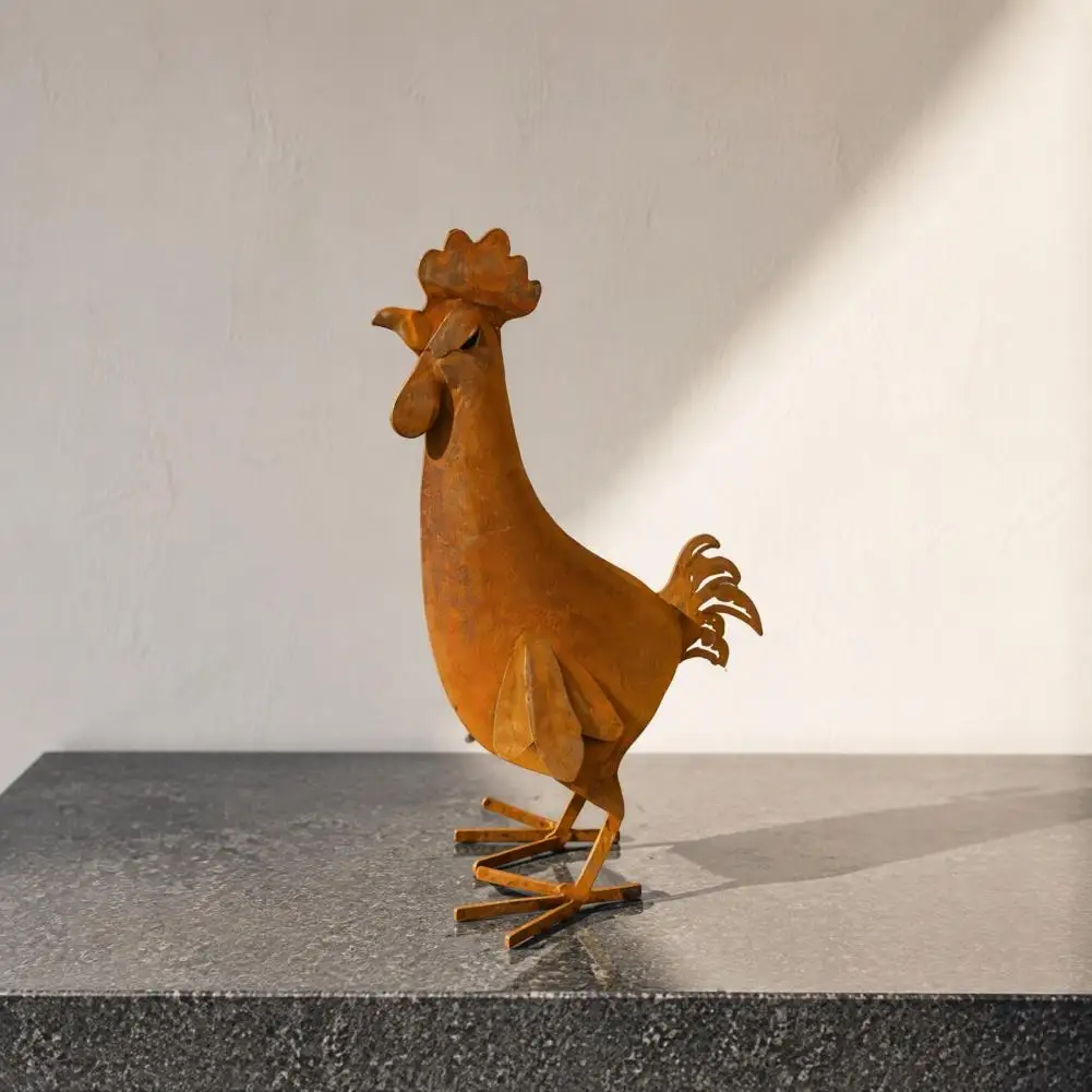 Rustic Distressed Iron Rooster Figurine, Farmhouse Tabletop Outdoor Decor For Garden Lawn Yard Porch