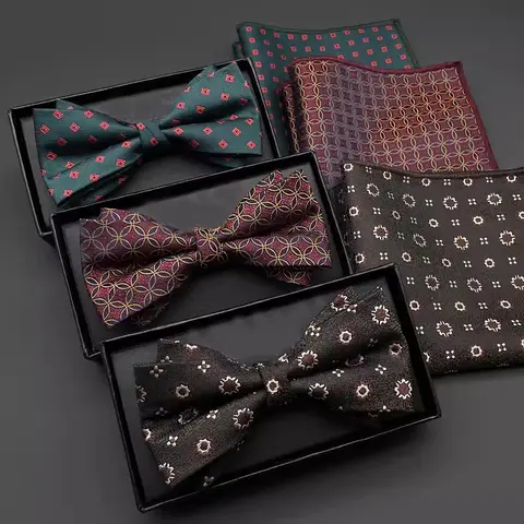 2 Pieces Set Floral Bowties Brown Pocket Square For Men Polyester Woven Striped Bowknot Formal Wedding Party Groom Neck Tie Set