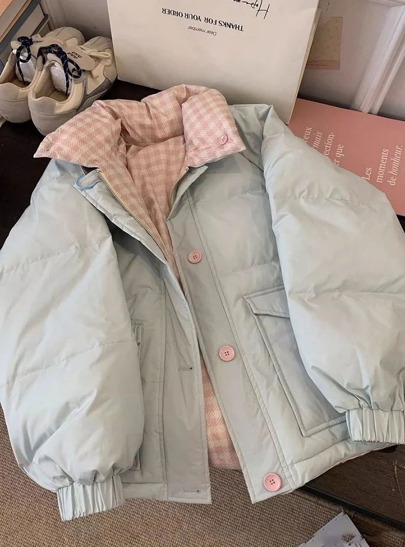 Chic Reversible Women Padded Jacket Contrast Plaid Coat Button Down Quilted Pink Buttons Winter Warm Preppy Retro Parkas