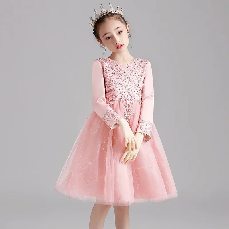 Girls' formal dress spring new children's clothing long sleeved fluffy skirt little girl hosting runway show princess