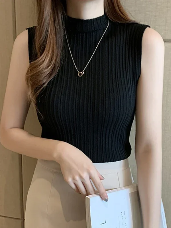2026 Summer Turtleneck Ribbed Tank Tops Women Camisole Sleeveless Slim Female Stripe Croped Vest Casual Solid Camis Top