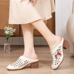 GKTINOO 2024 Summer Genuine Leather Hollow Breathable Thick Heels Slippers Retro Round Toe Slides Women's Shoes