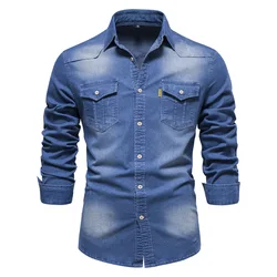 New American size men's denim shirt Men's casual non-ironing solid color shirt men's spring long-sleeved shirt men