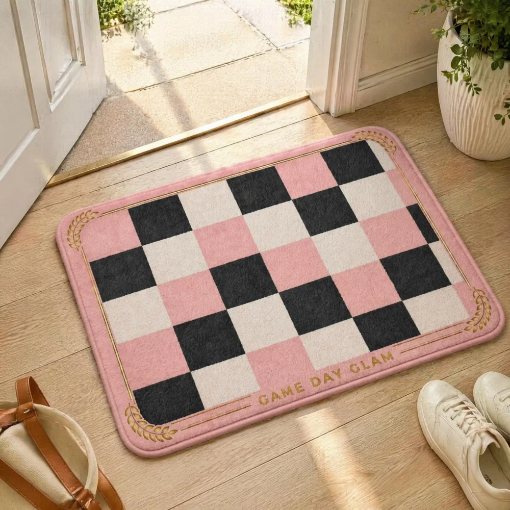Crystal Velvet Door Mat, Pink Black Checkered Grid Print Non Slip Floor Rug, Entryway Carpet for Bedroom Cloakroom Home Decor