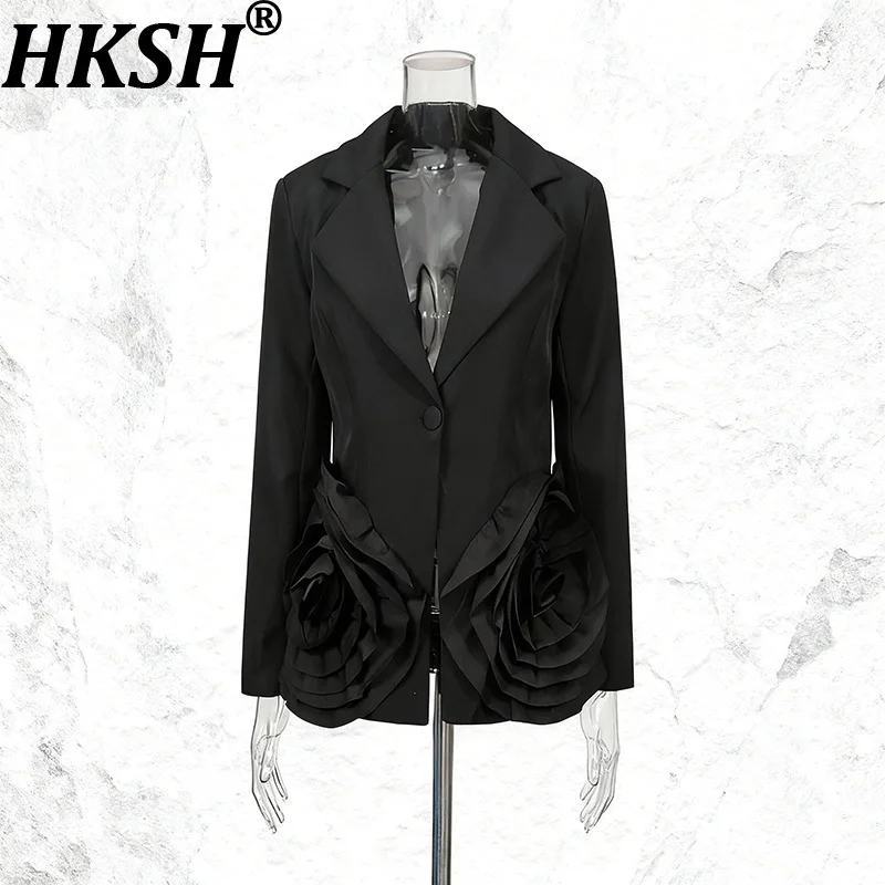 HKSH ربيع الخريف جديد المرأة السترة زر واحد ثلاثي الأبعاد زهرة محززة طوق سليم صالح موضة أنيقة معاطف HK16828