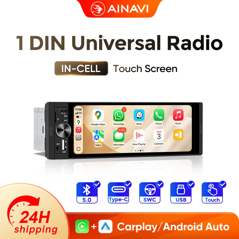 Autoradio universel AINAVI K50 1 Din Carplay, Android Auto sans fil, multimédia automobile, type-C USB BT, écran HD IPS, autoradio 2Din