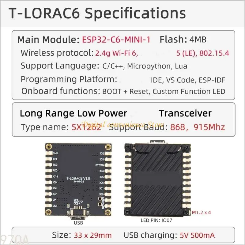 97QA Advanced IOTS Development Board met ESP32 Min 1, Fast Speed ​​WiFi6, Energie -efficiënte LE5 en SX1262