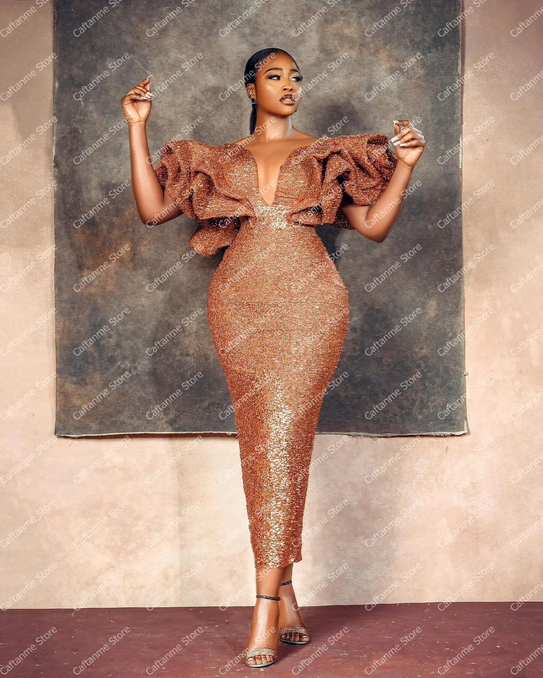 Stunning Women Sequins Dresses For Formal Party Ankle Length Puffy Shoulder V Neck Plus Size Mermaid Women Evening Gowns