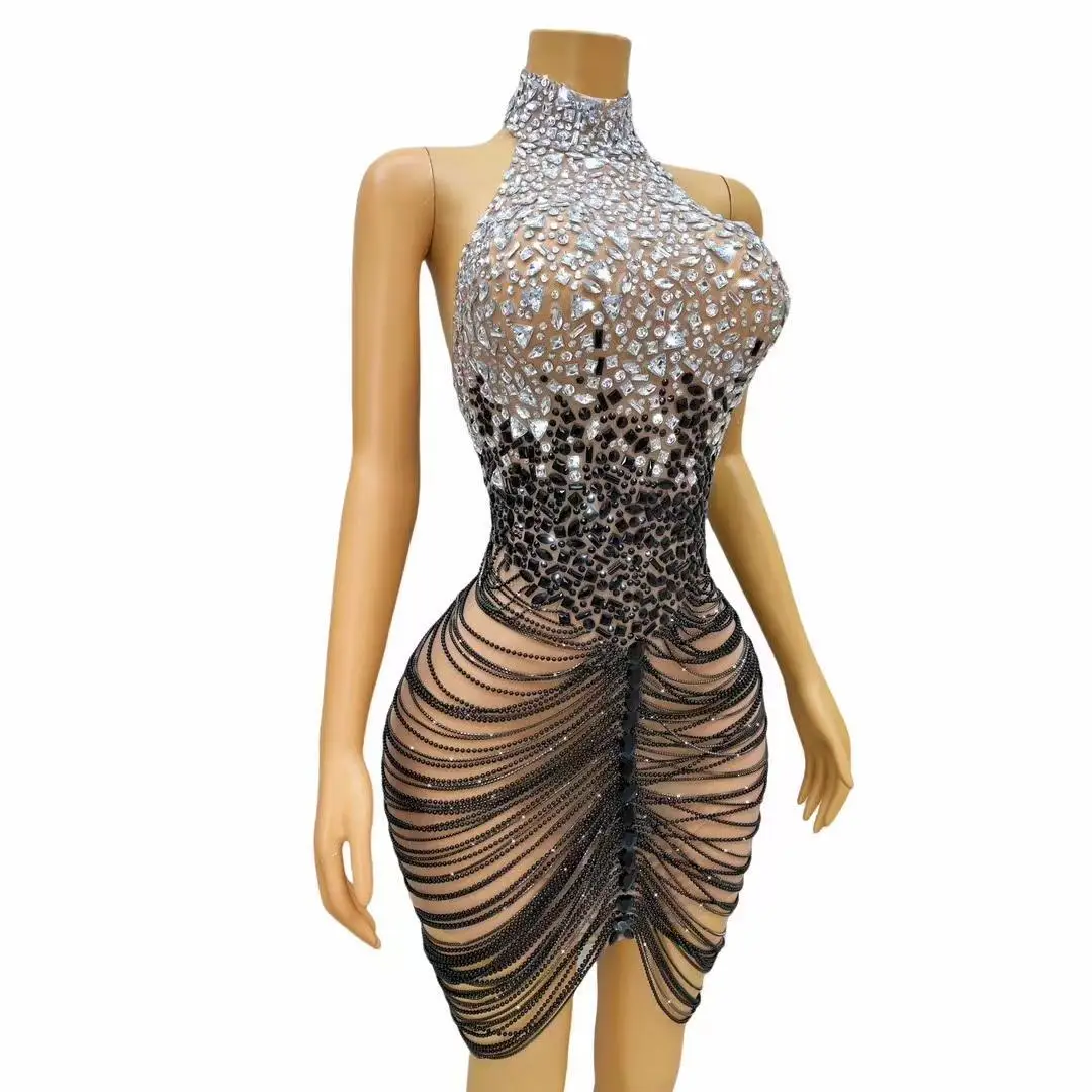 Schwarze Bohr kette Fransen Diamanten Kleid Frauen Party Jazz Dance Rave Outfit Gogo Kostüme Bühnen performance Clubwear Diandao