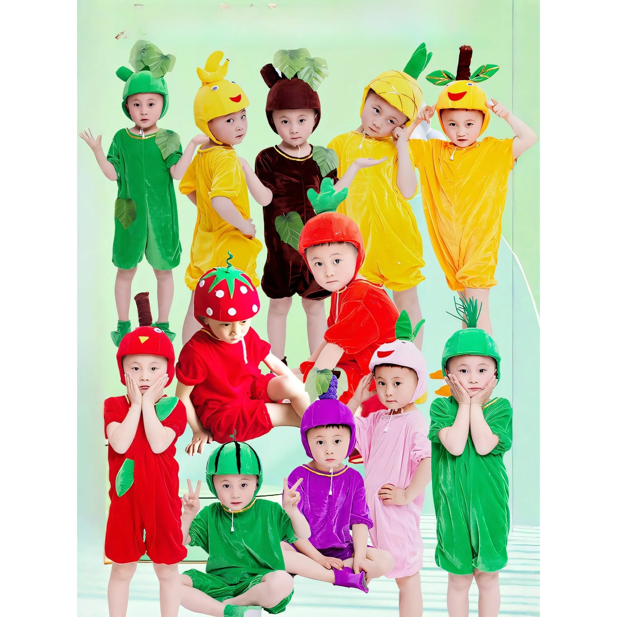 

Детские костюмы-фрукты для выступлений: Дерево, Арбуз, Банан, Клубника, Морковь – реквизит для сценических представлений