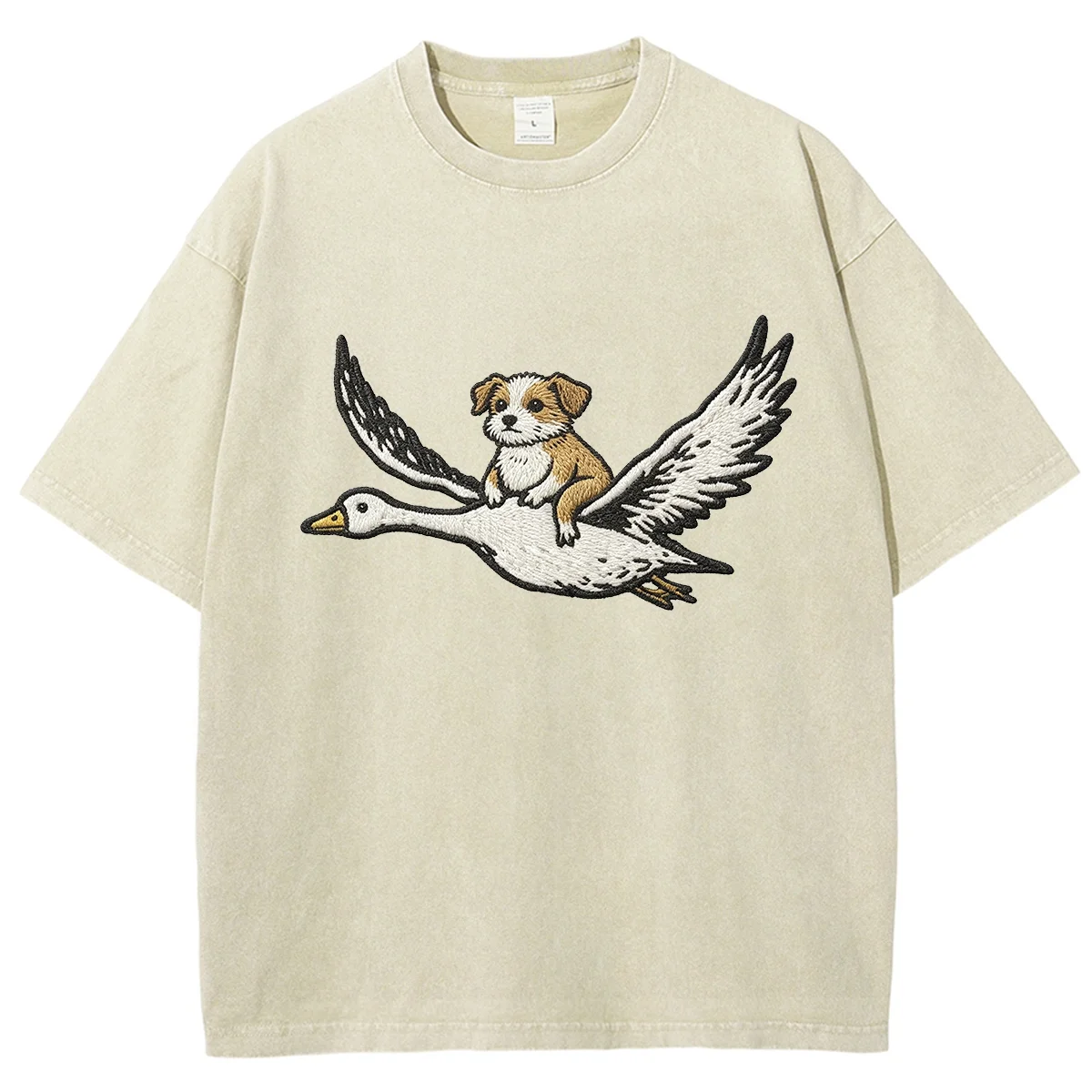 Vintage Dog Riding Flying Goose Graphic T‑Shirts unisex Stone Washed Casual Chaotic Funny Animal Art Short Sleeve Streetwear Tee