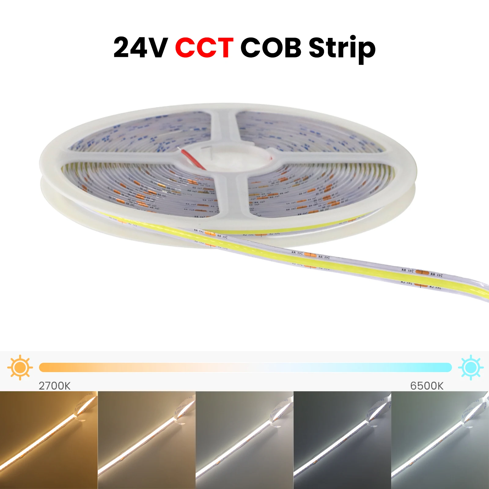 COB CCT LED Strip Light 480 LEDs/m High Density Flexible COB Led Lights 8mm PCB Width RA90 2700K to 6500K Linear Dimmable DC24V