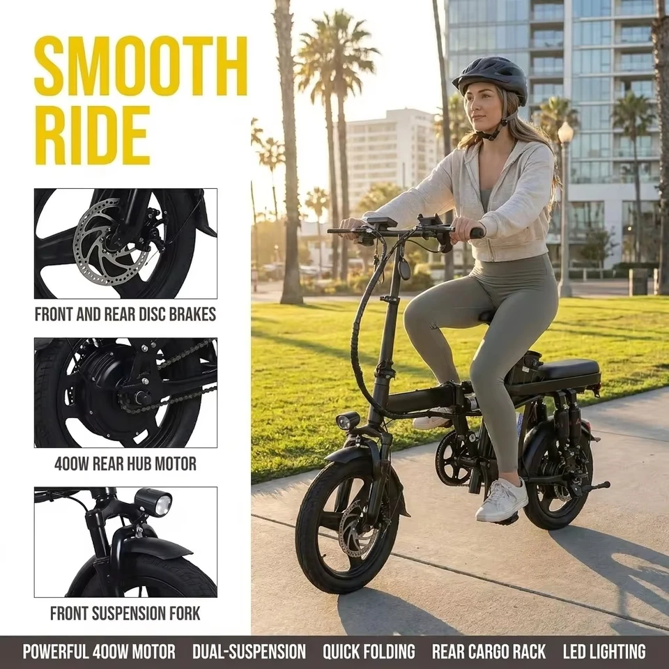 400W Folding Electric Bike for Adults, 48V 15AH Removable Battery Long Range, 14" Vacuum Explosion-Proof Tires, Dual Disc Brakes, Front & Rear Suspension, Quick Fold, Rear Cargo Rack, City Commuter E-Bike