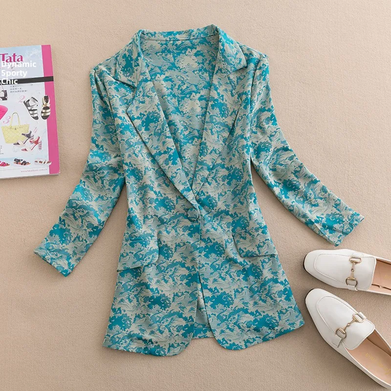 Women's Slim Fit Casual Thin Suit Jacket Summer New Korean Style Floral Embroidery Design Versatile Top Commute Style Long Sl...