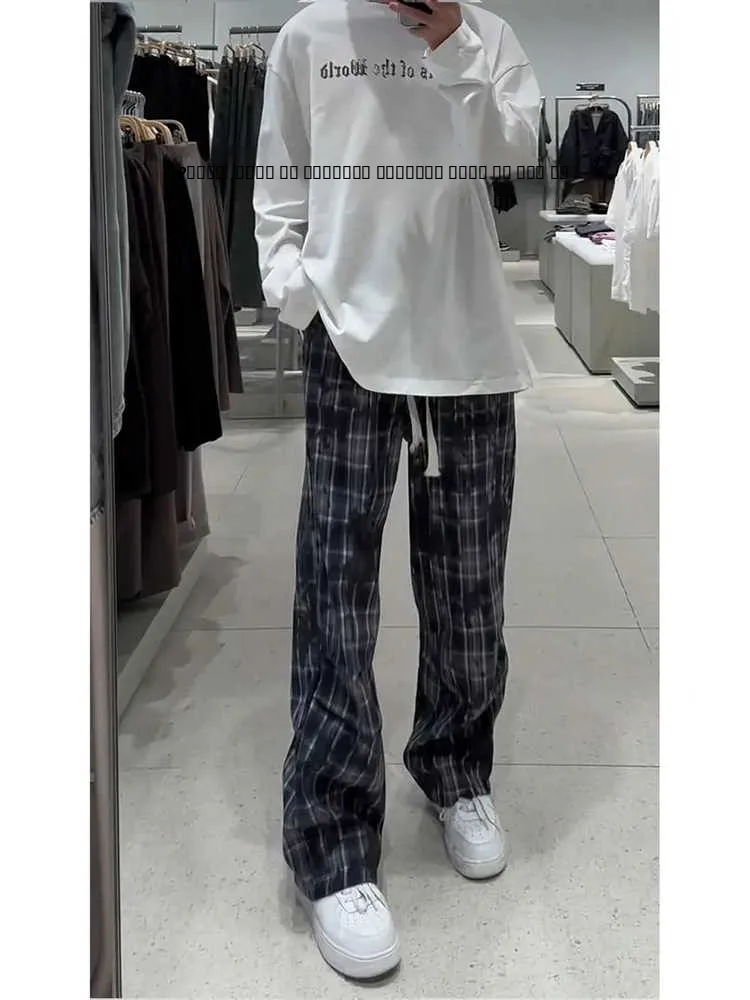 

Мужские повседневные брюки в синюю клетку, весенне-осенние, прямые, струящиеся, с высокой талией, широкие штанины, в полоску, для отдыха и спорта