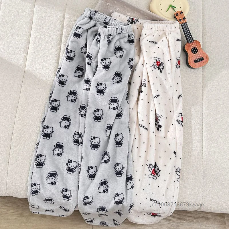 Hello Kitty Flannel Thick Sleeping Pants Cute Cartoon Pattern Trendy Plush Pajama Pants Autumn Winter Loose Versatile Home Pants