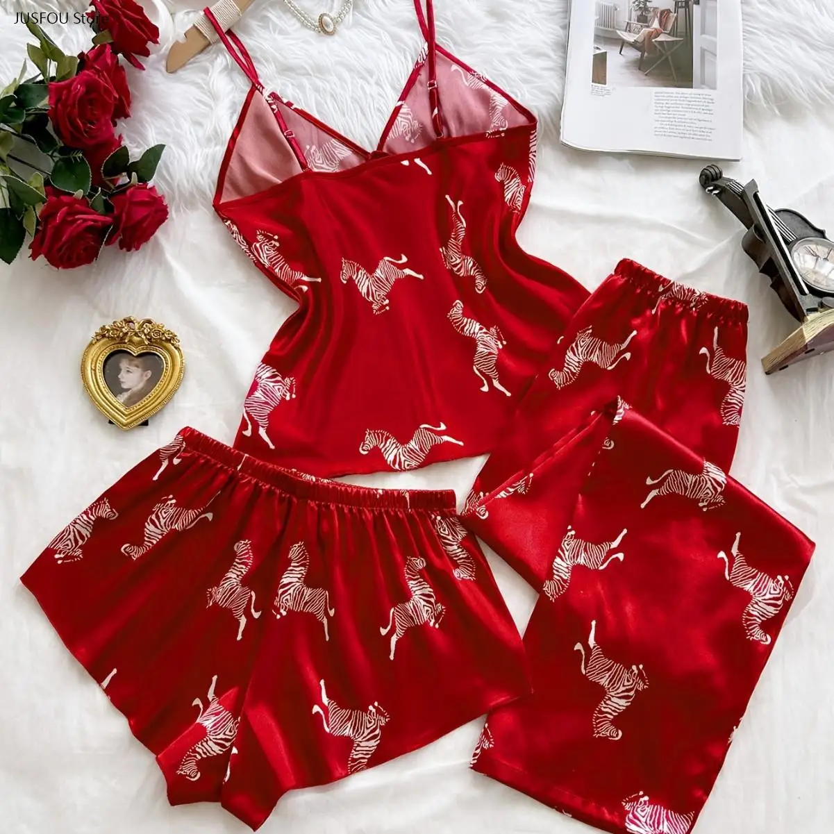 Women Printed Top Pajama Set Sleeveless Soft Loose Loungewear Camisole Long Pants & Shorts Homewear for Daily Household Wear 2