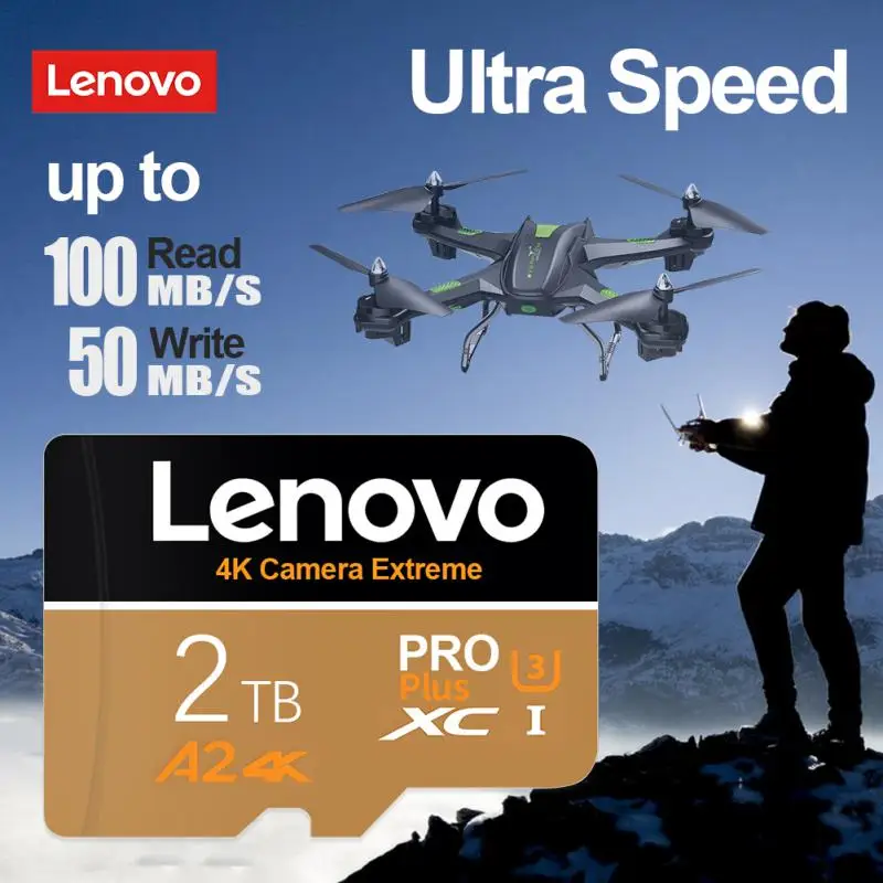 Lenovo-Mini Cartão SD para Telefone e Câmera, Cartão de Memória de Alta Velocidade, 2TB, 256GB, 512GB, 1TB, TF Flash Card, 128GB, Adaptador Grátis