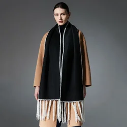 Luxe dubbele zijden wollen sjaal eenvoudige nobele Scandinavische stijl unisex winter warme halsdoek pashmina sjaal lange kwastjes