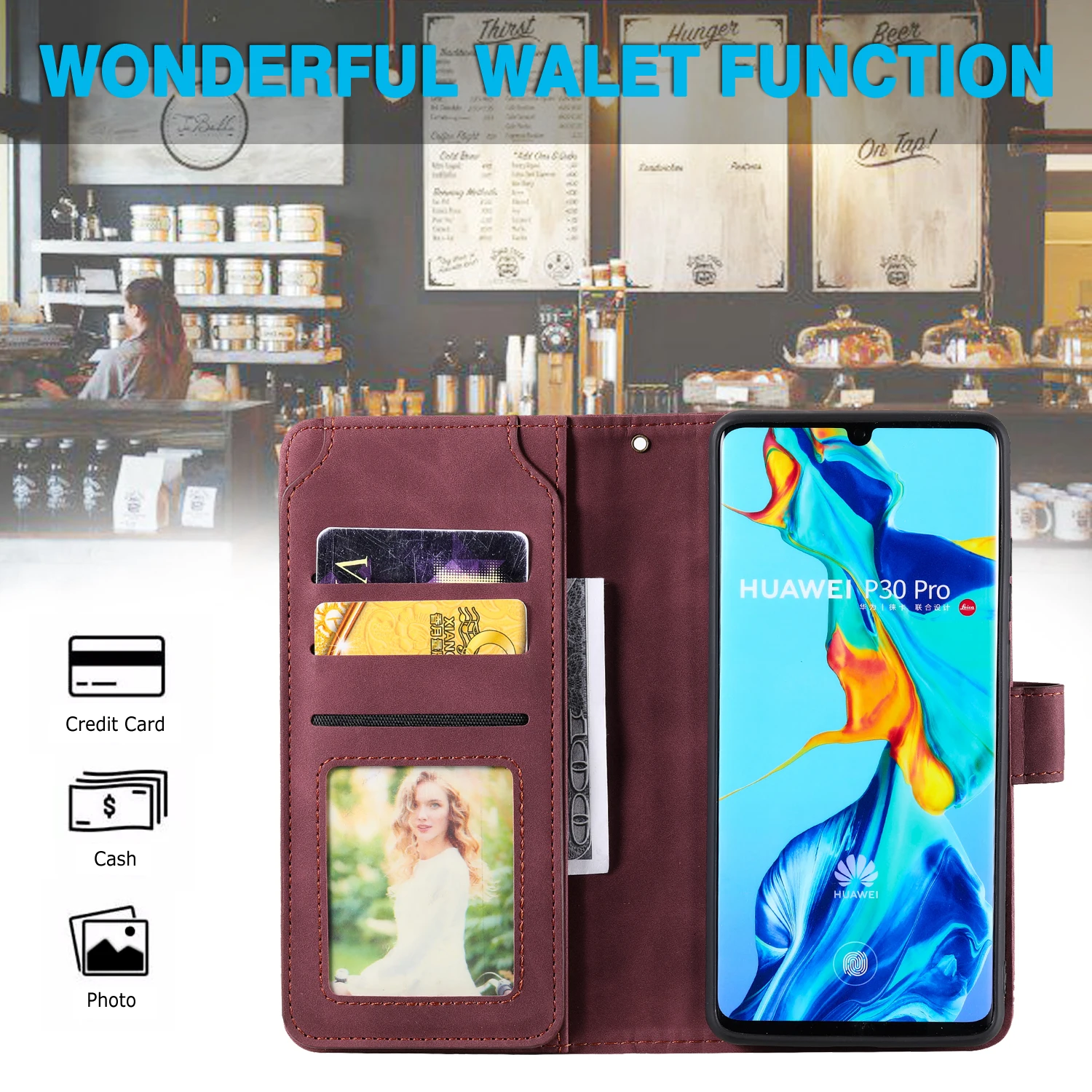 Capa de couro amigável com slots de cartão para huawei, design de carteira, fecho magnético, flip para p30 pro, p40 lite, note 3e, 4e, p smart 2019