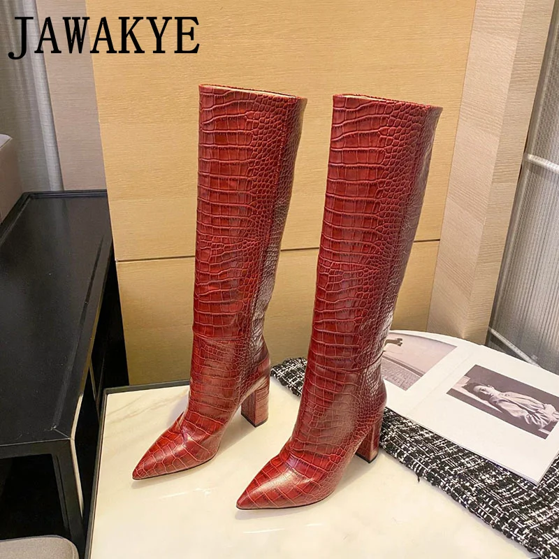 Fashion Week Snake Pattern Knee High Boots Women Pointy Toe Long Boots Autumn Sexy Runway Party Shoes High Heel Boots Women