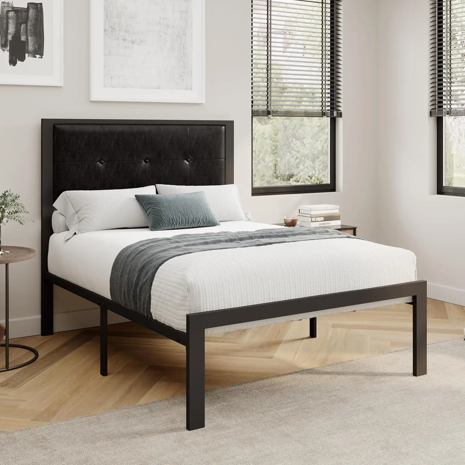 

Twin Platform Bed Frames With Faux Leather Headboard For Kids, 12.4” Underbed Storage, No Box Spring Ned, Noise Free, Bla