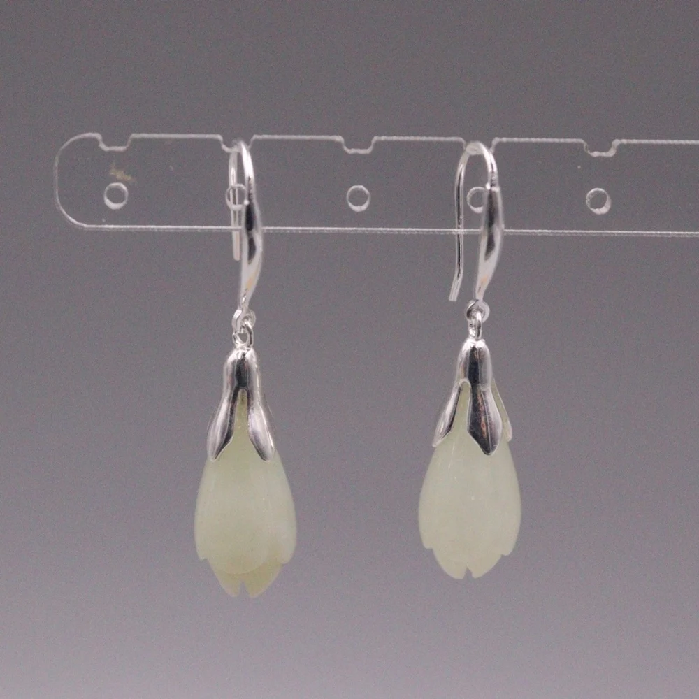 Real Solid 925 Sterling Silver Dangle Natural Jade Flower Women Lucky Earrings