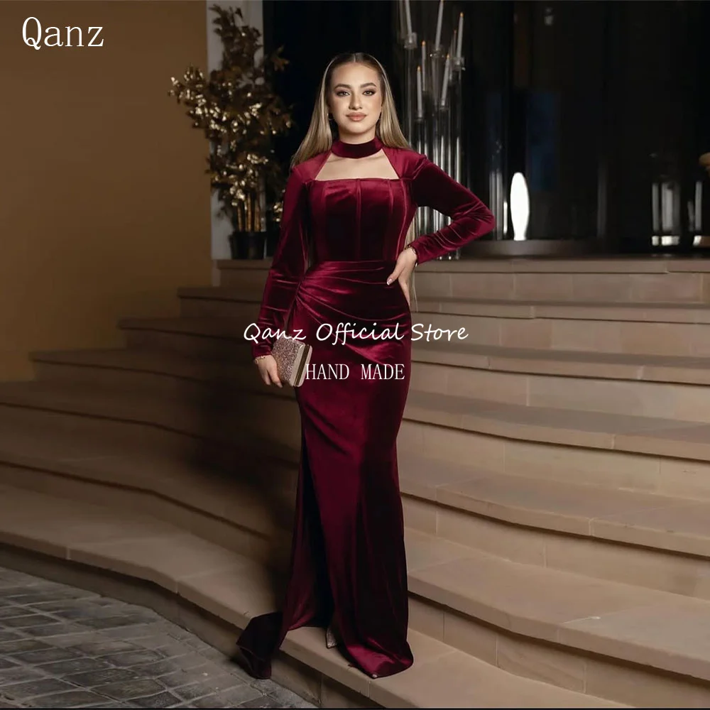 

Qanz Burgundy Velvet Evening Dresses Long Sleeves High Slit Mermaid Sexy Party Dresses Women 2025 Vestidos De Fiesta Customized