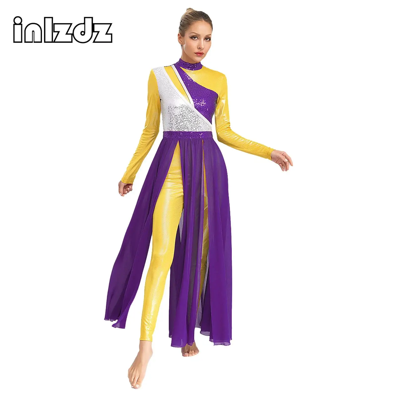 

Women Liturgical Praise Dance Dress Mock Neck Long Sleeve Color Block Shiny Sequins Split Skirt Stage Performance Costume