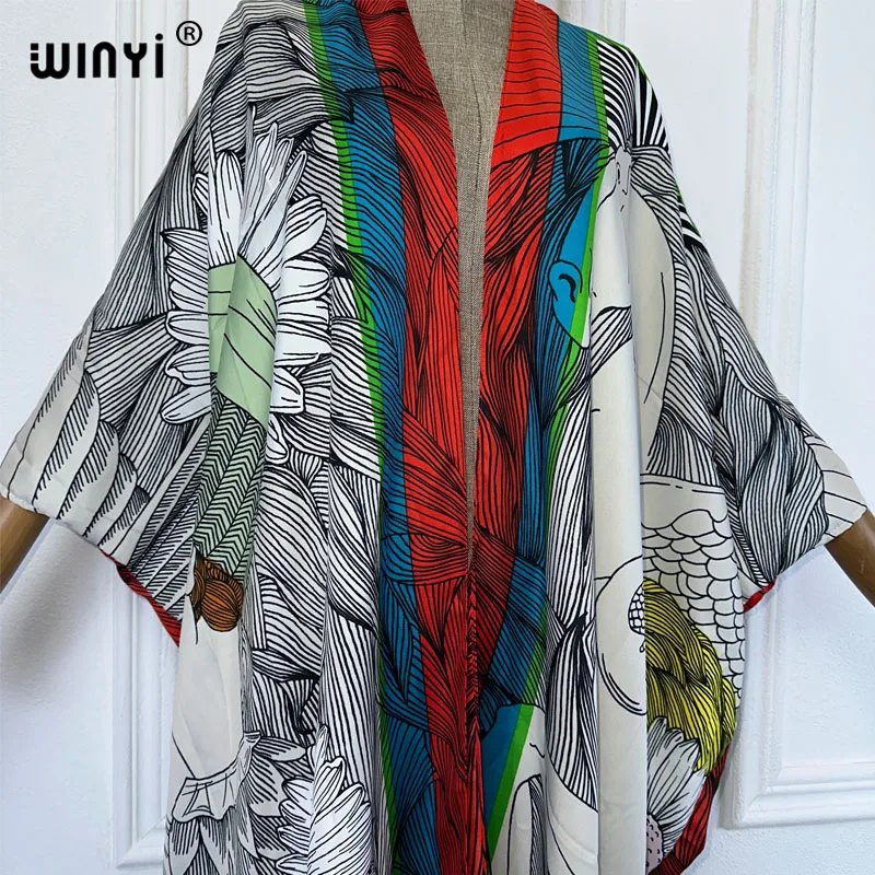 WINYI Artistic portrait print Kimono loose Cardigan beach outfits cover up women kaftan evening dress long down coat party dress