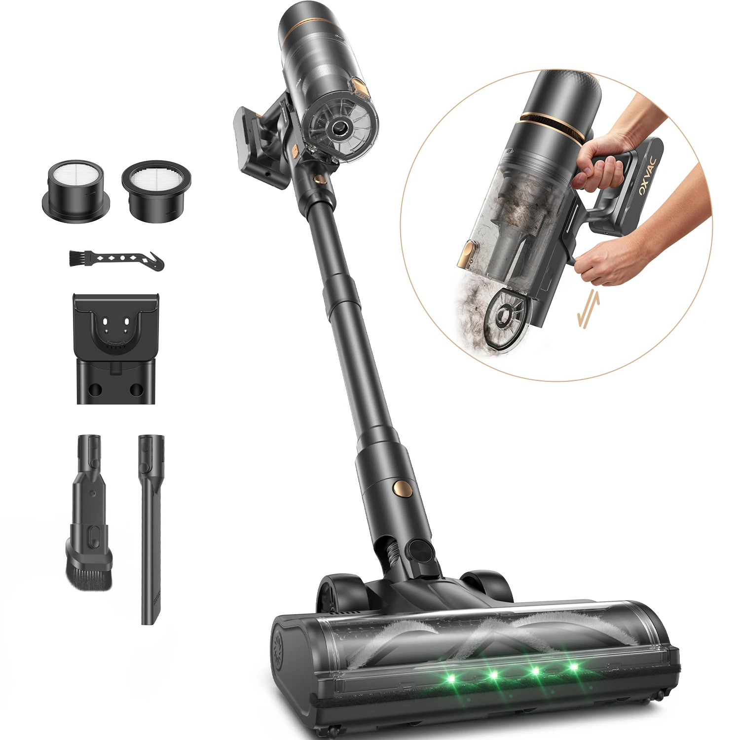 60kPa 600W Cordless Stick Vacuum Cleaner 60mins Runtime Self-Cleaning Roller Self Standing Anti Hair Tangle Wireless Vacuum with Green LED Dust Detection for Home Carpet Pet Hair Cleaning