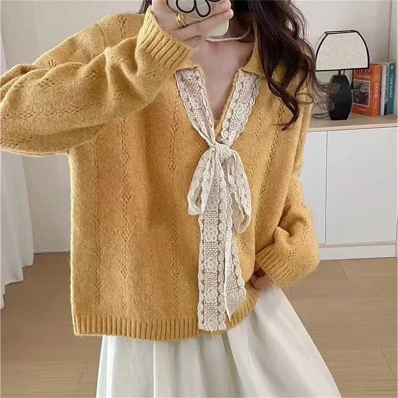 Maglione con risvolto giallo con scollo a V francese da donna Primavera Autunno Cardigan lavorato a maglia a maniche lunghe Cappotto maglione Giacca coreana in maglia