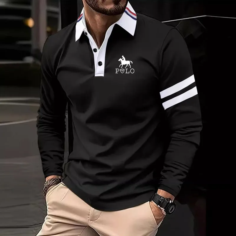 Autumn long sleeved casual polo shirt men's printed business casual shirt