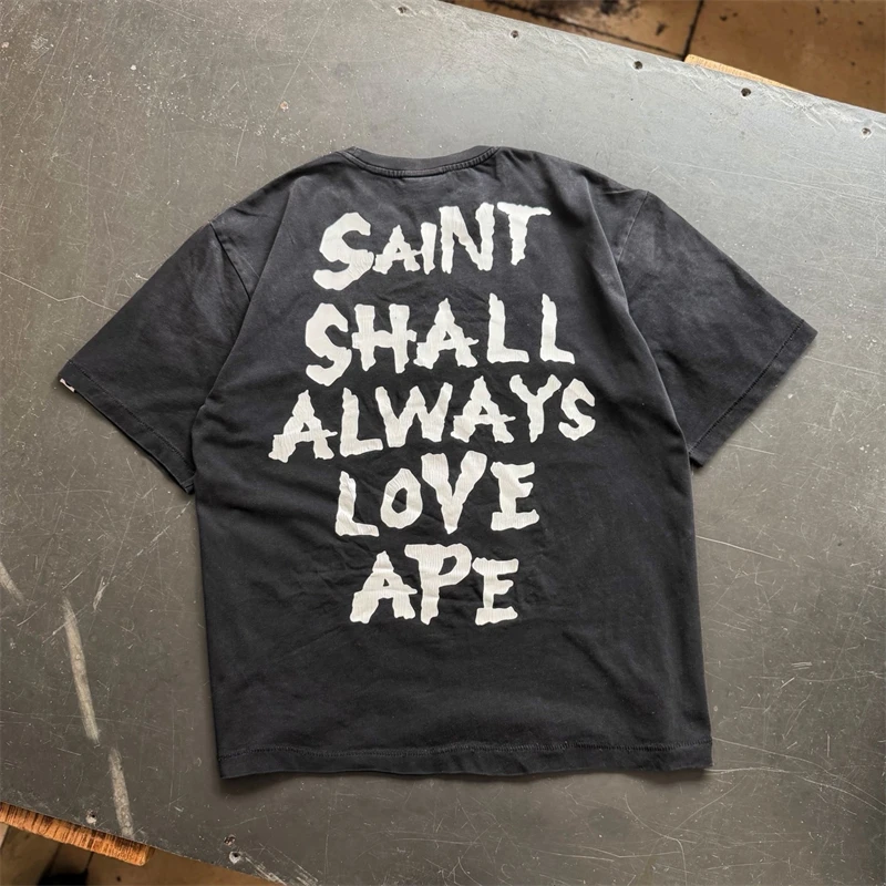 Summer Saint New Cracked Skull Print Vintage Washed T-shirt American High Street Casual Loose Pure Cotton Short Sleeved Men