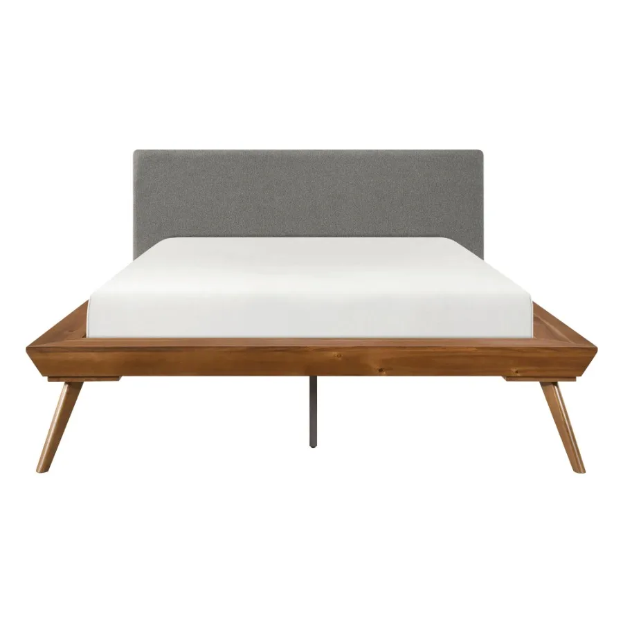 1pc Queen Platform Bed Upholstered Headboard Dark Gray Chestnut Finish Wooden Furniture