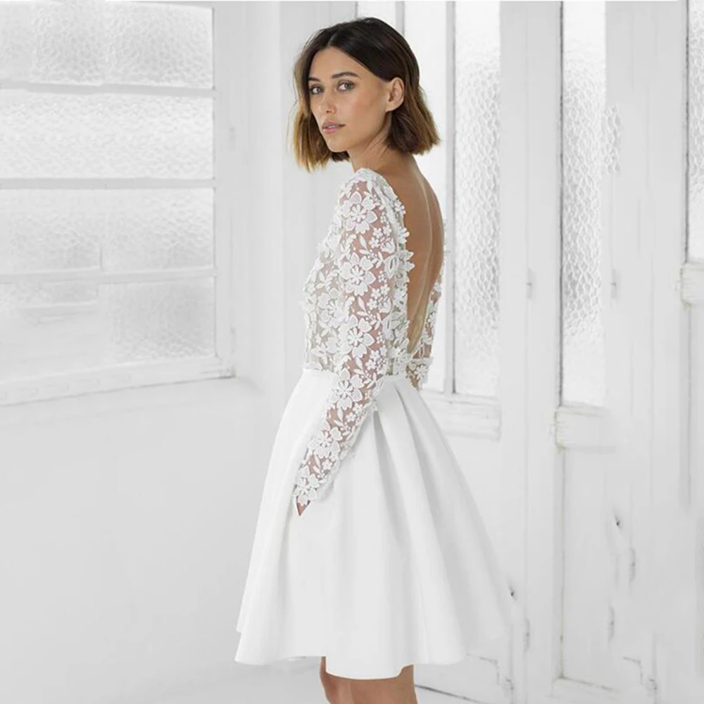 Robe de Mariée Courte en Dentelle, Tenue Moderne, Sexy, Dos aux, Col Bijou, Manches sulf, Quelle que soit la Mini Longueur des Patients en Vente, 2023