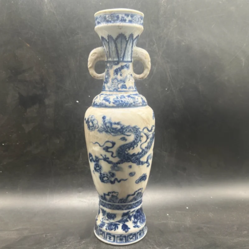 Antique Ceramics Qing Qianlong Blue and White Dragon Pattern Elephant Ear Bottle Ornament Folk Art Collection handicraft