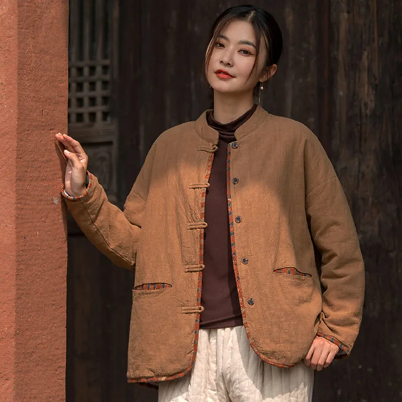 Winter Pure Ramie Splicing Color Contrast Short Cotton-Padded Jacket Women's Literary Temperament Button Loose Clip Cotton Coat