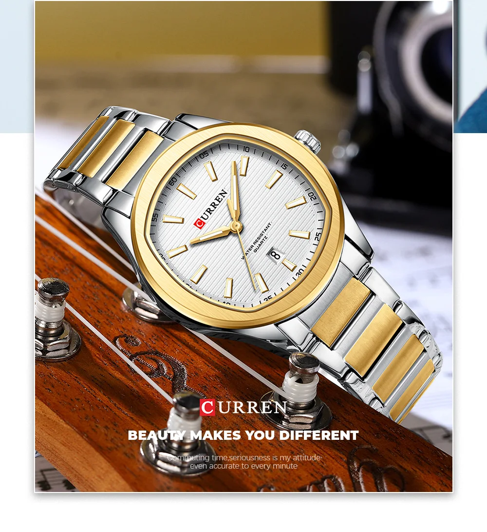 CURREN Modische Minimalistische Quarzuhr für Herren Zweifarbiges Edelstahlarmband Luxus-Armbanduhren mit Leuchtzeigern – Detail 12