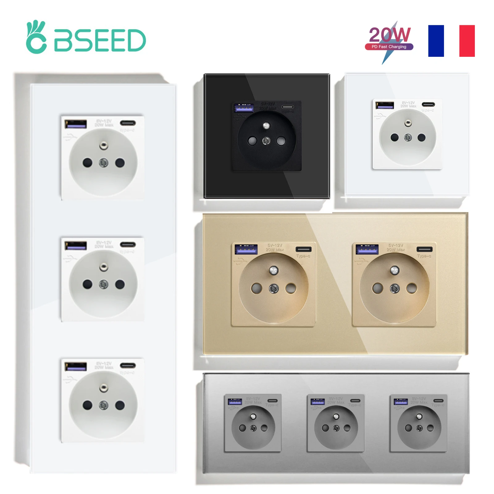 BSEED norme française 20W Port de Charge rapide prise de courant murale Double France USB type-c prises électriques cadre en verre cristal 16A