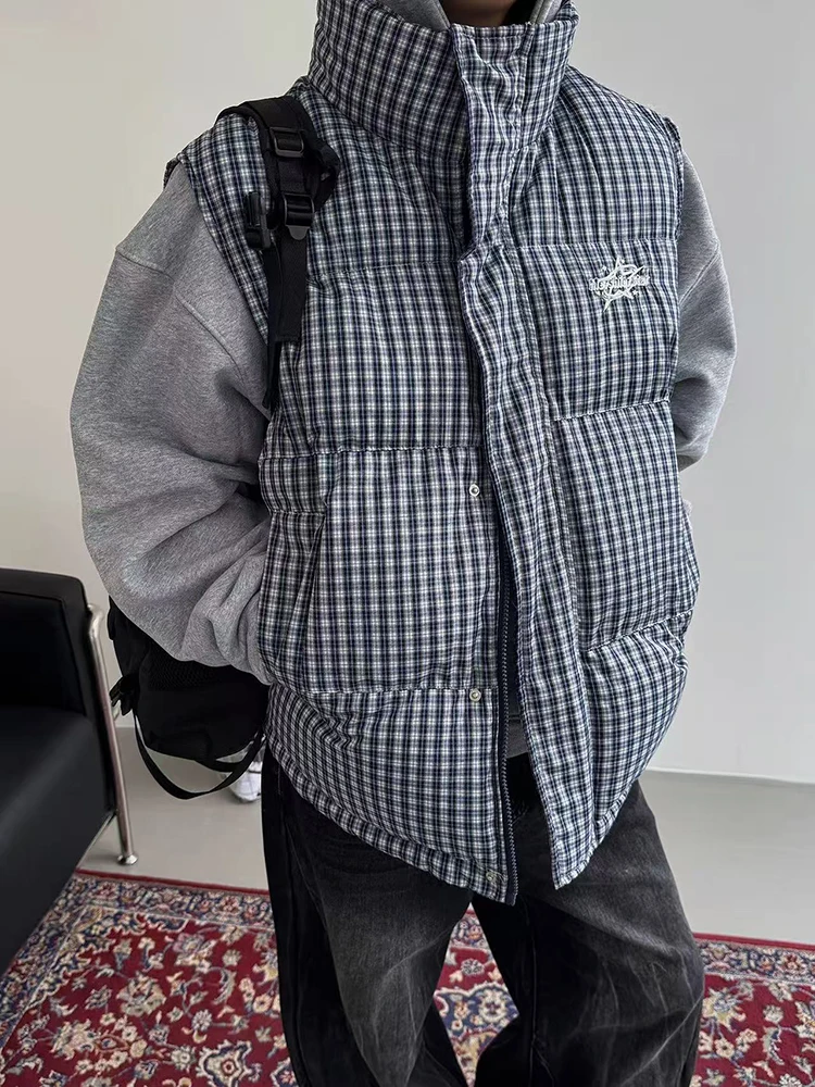 سترة شتوية دافئة سترات نسائية Y2K موضة منقوشة فضفاضة بياقة واقفة سترة Bf ملابس الشارع بدون أكمام معاطف منفوشة للأسفل #1