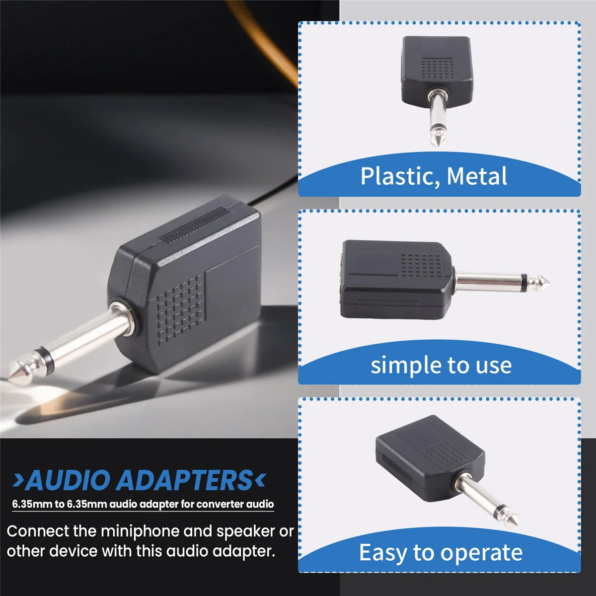 Schwarzer 6,35 mm 1/4 Zoll Stecker auf Dual-Buchse, Mono-Y-Kabel, PA-Audiokabel-Adapter für professionelle Klanggeräte