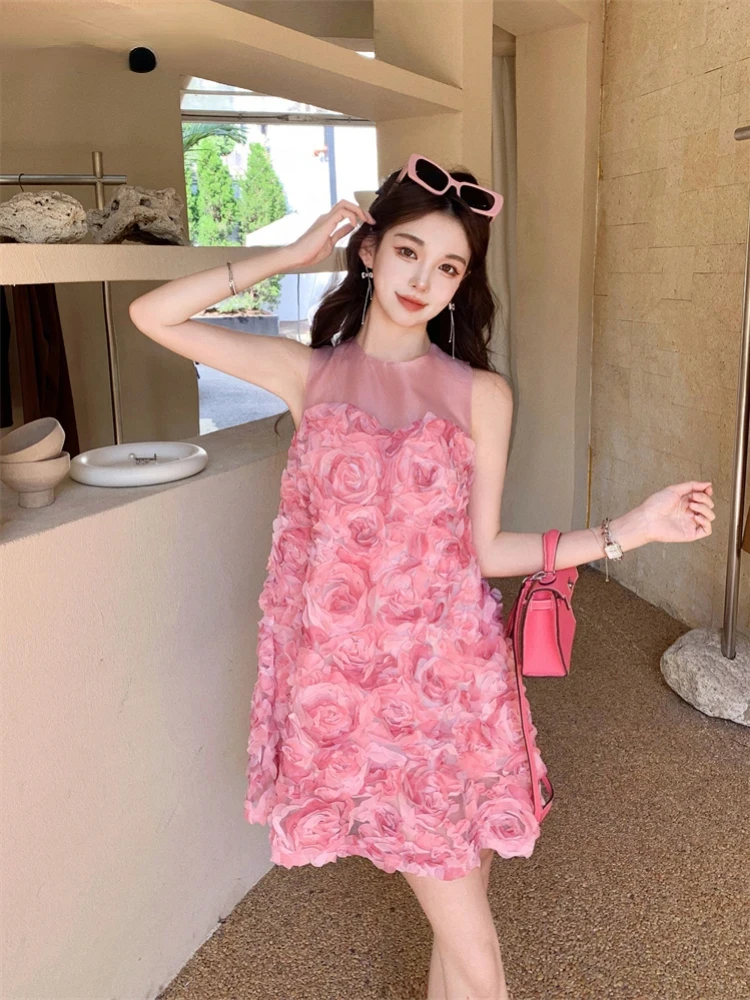 

Sleeveless Dresses Women Flowers Sweet Patchwork Three Dimensional Rose French Style Loose Mini Dress Summer Vintage