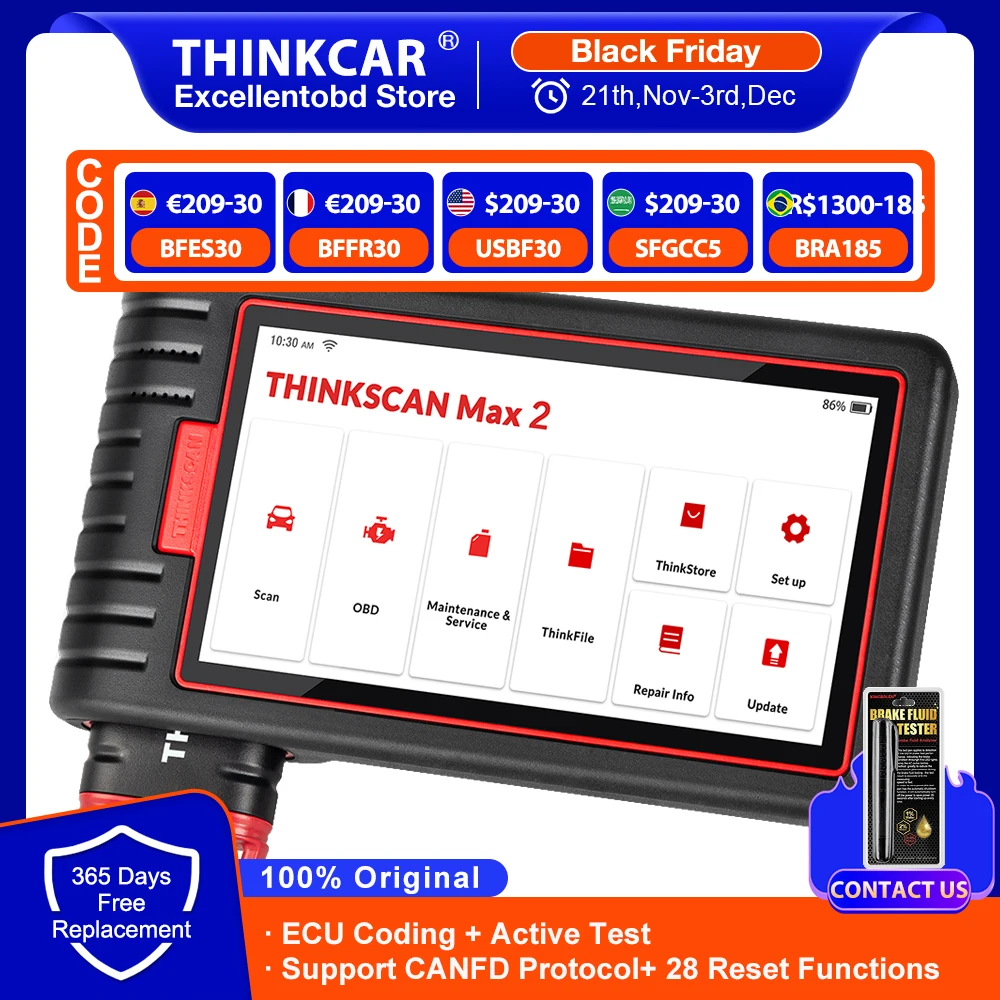 THINKCAR ThinkScan Max2 All System Diagnostic Tool OBD2 Scanner 28 Resets Active Test ECU Coding Support CANFD Lifetime Free