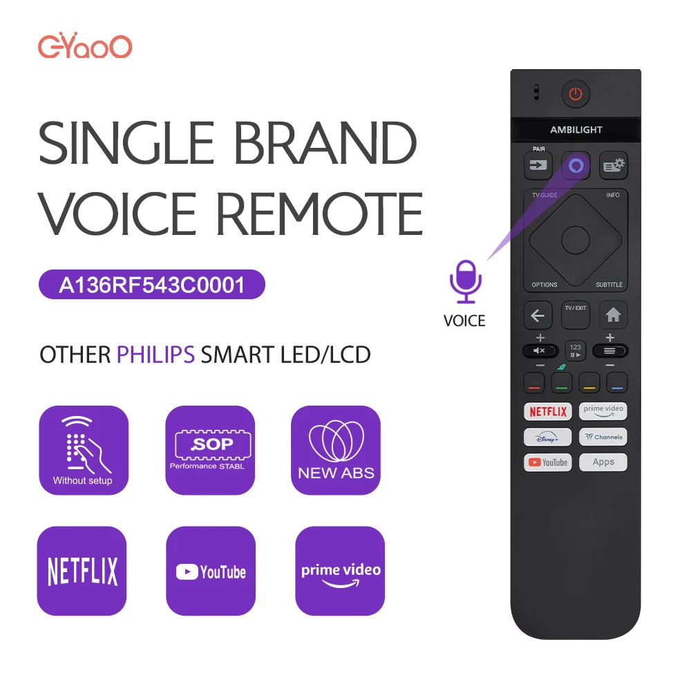 Ambilight Voice TV Controle Remoto PH-V17 Substituição Para Philips A136RF543C0001 BacklitTV Controle Remoto