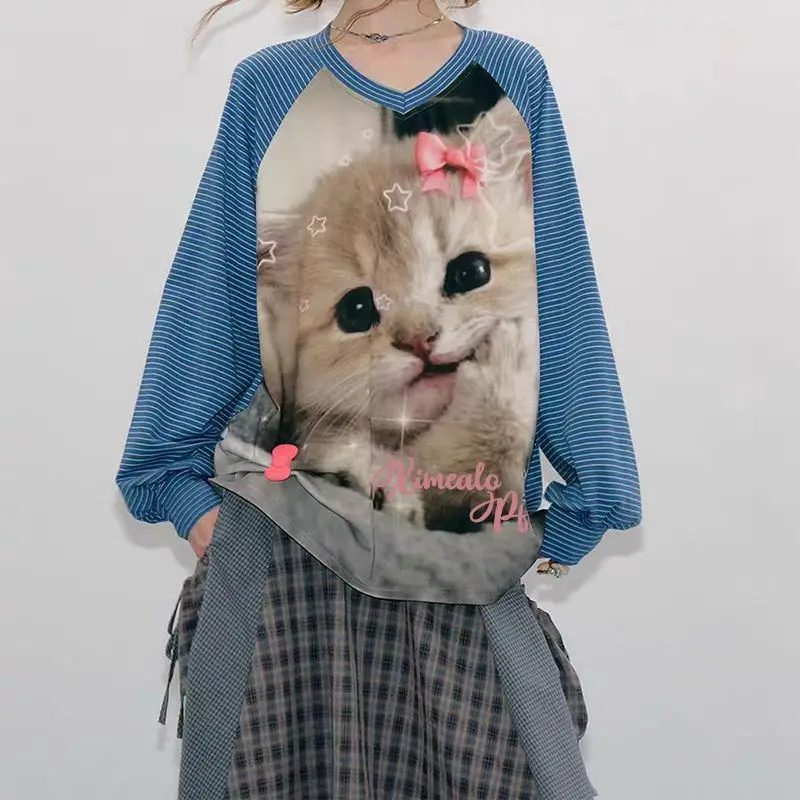 Funny Retro Cute Bow Kitten Print Oversized V‑Neck Top Y2K Aesthetic Long Sleeve T‑Shirt Loose Fit Harajuku Streetwear for Women