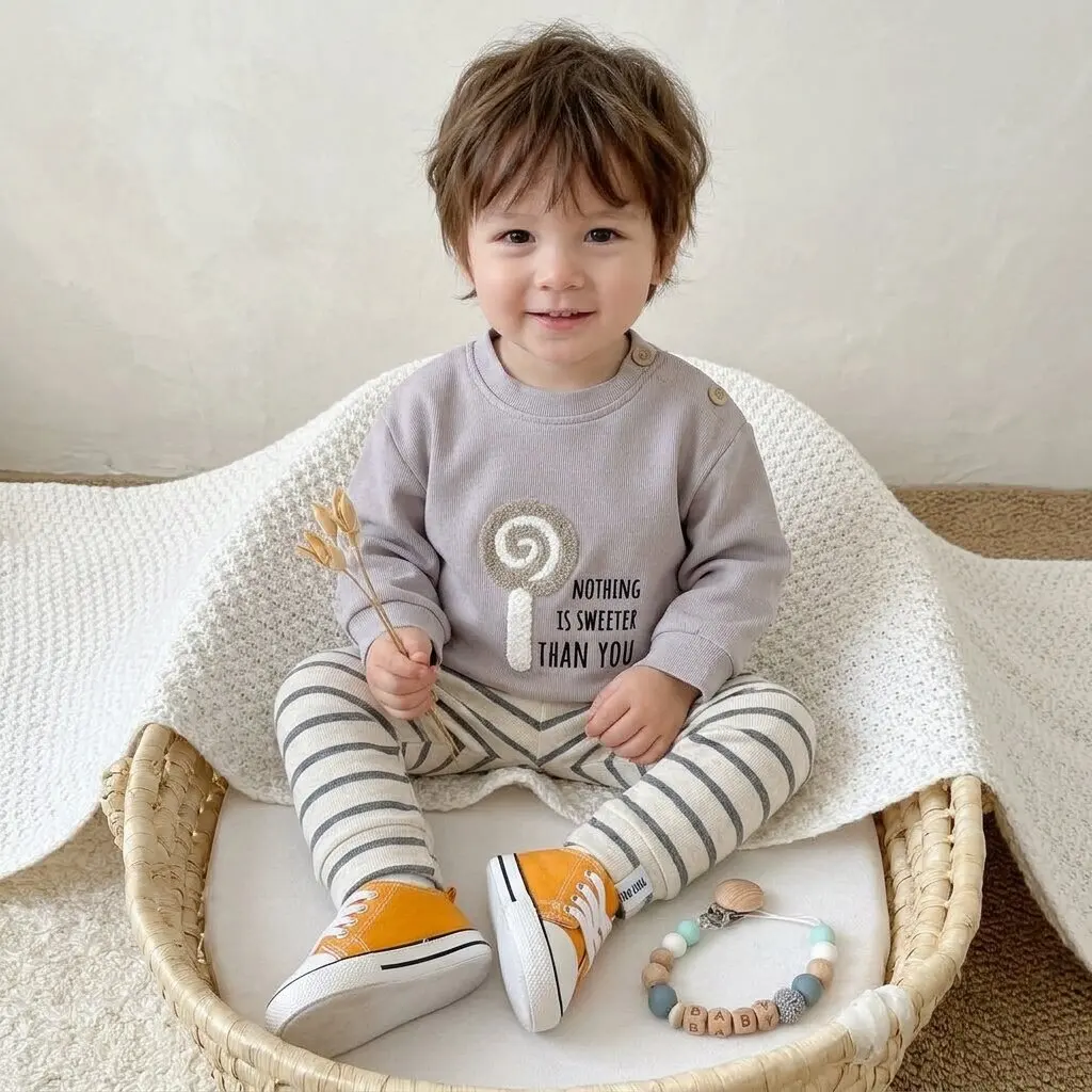Baby Lollipop Towel Embroidery Outfit Unisex Grey Sweatshirt + Striped Pants 2Pcs Infant Casual Autumn Set