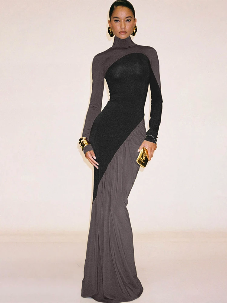 Kliou Contrast Patchwork Long Dress Woman Autumn Trend Turtleneck Full Sleeve Skinny Stretch Casual Fashion Elegant Vestidos